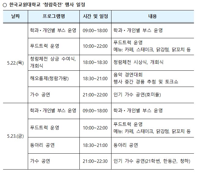 한국교원대 대학 축제 ‘청람축전’  5월 22일 부터 이틀 간 개최 등록사진 1번째 이미지 - 자세한 사항은 하단 글 내용 참조