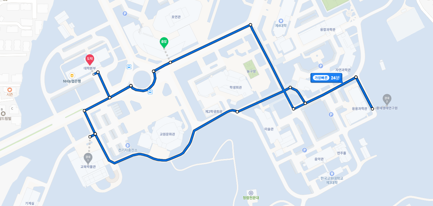 한국교원대학교 캠퍼스 투어 도보 경로(가장 빠른길 안내) 이미지입니다. 자세한 내용은 하단에서 안내합니다.